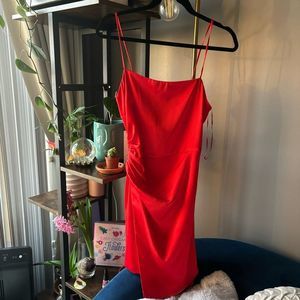 red satin asymmetrical mini dress